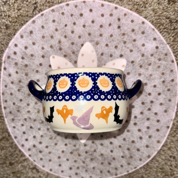 Handmade Boleslawiec Polish Pottery Crock W Handles! Ghosts, Pumpkins, Bats! - Picture 5 of 7